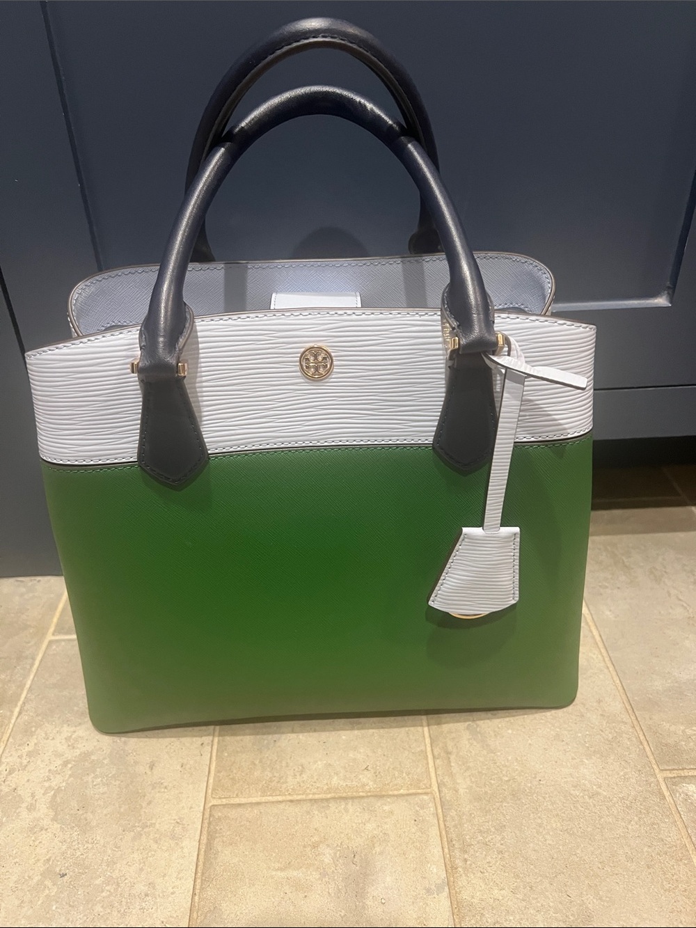 Tory Burch Green and Pale Blue Robinson Tote